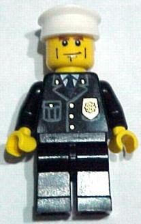 LEGO Minifigure-Police - City Suit with Blue Tie and Badge, Black Legs, Vertical Cheek Lines, Brown Eyebrows, White Hat-Town / City / Police-CTY095-Creative Brick Builders